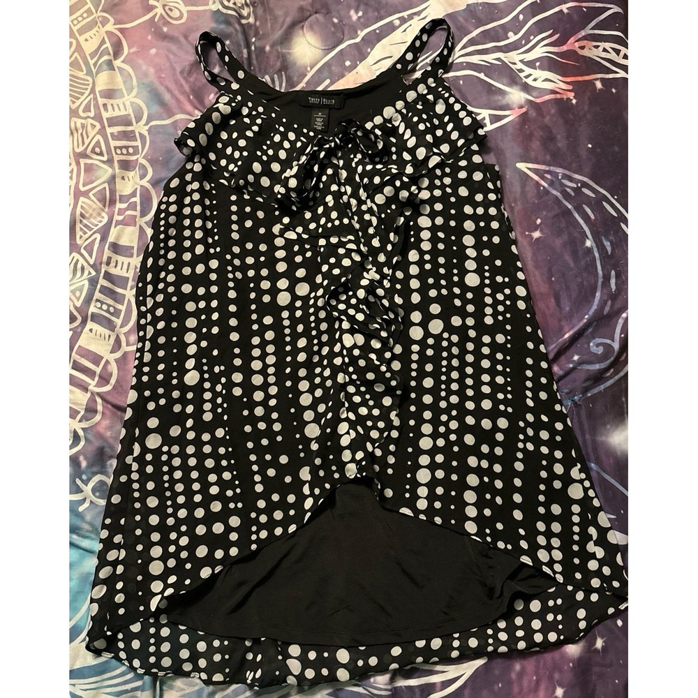 White House Black Market WHBM Polka Dot High Low Hem Ruffle Detail Lined Tank, M